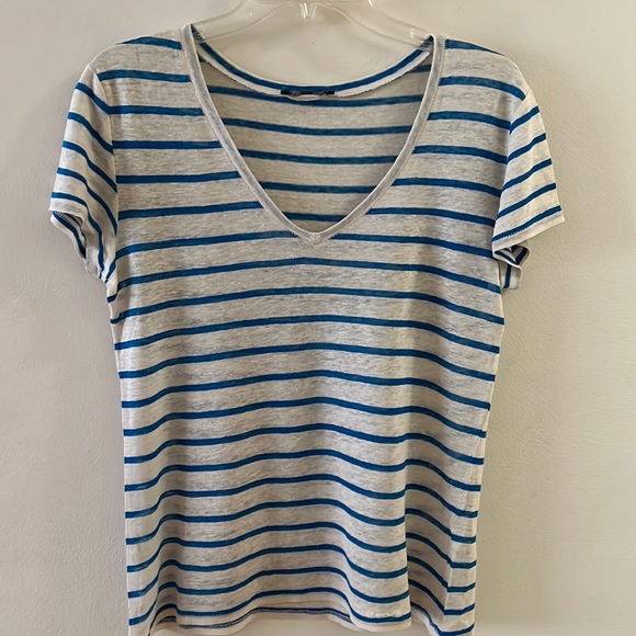 MICHAEL STARS V Neck Slub Knit Stripe Short Sleeve Lightweight Pullover. - Picture 1 of 5